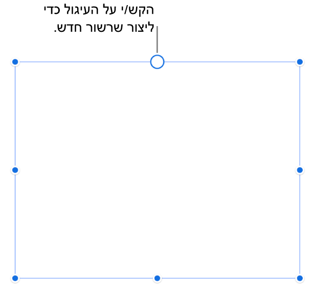 תיבת מלל ריקה עם עיגול לבן בחלק העליון וידיות אחיזה לשינוי גודל בפינות, בצדדים ובחלק התחתון.
