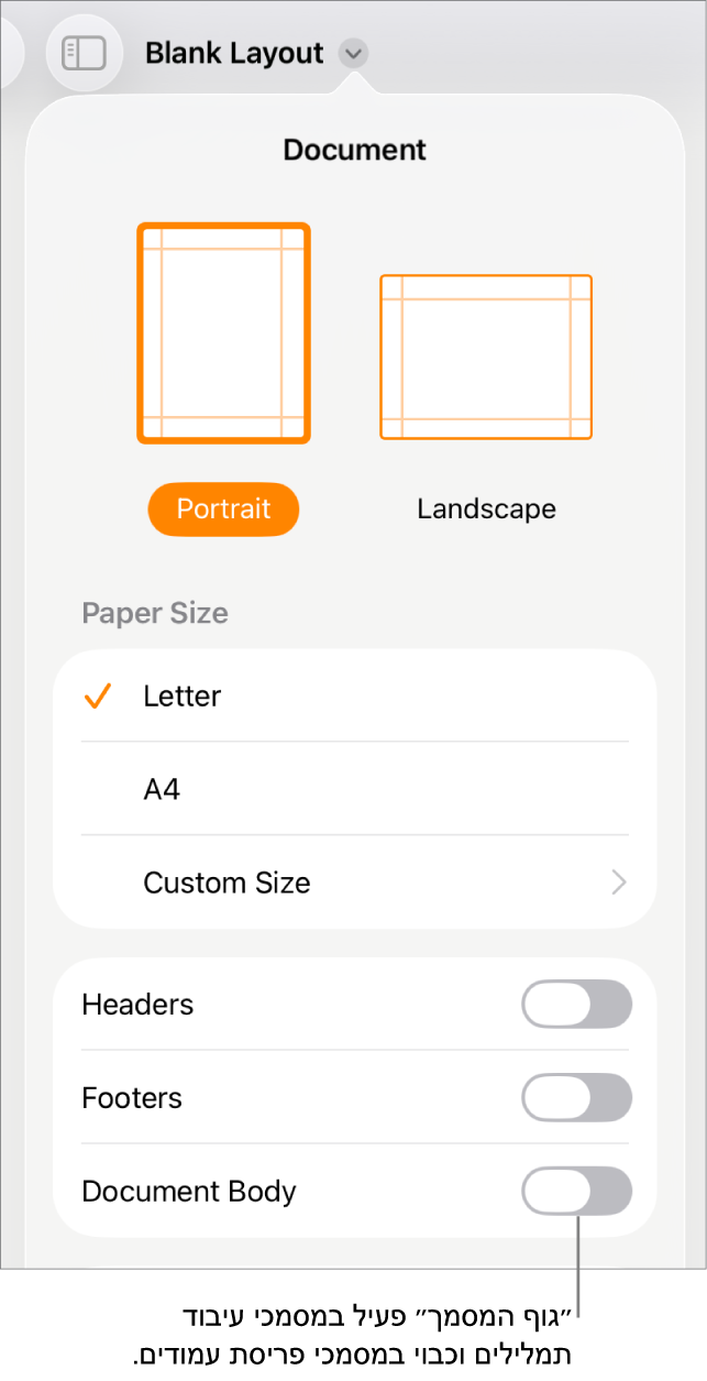 כלי הבקרה של עיצוב ״מסמך״ עם ״גוף המסמך״ מופעל קרוב לתחתית המסך.