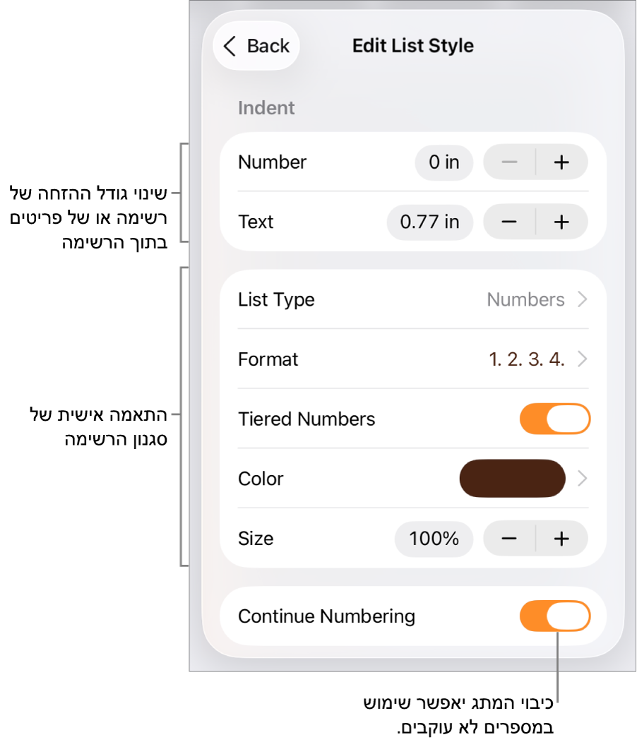 התפריט ״עריכת סגנון רשימה״ עם כלי בקרה לריווח הזחות, סוג ועיצוב של רשימה, מספרים ברמות, צבע וגודל הרשימה, ומספור מתמשך.