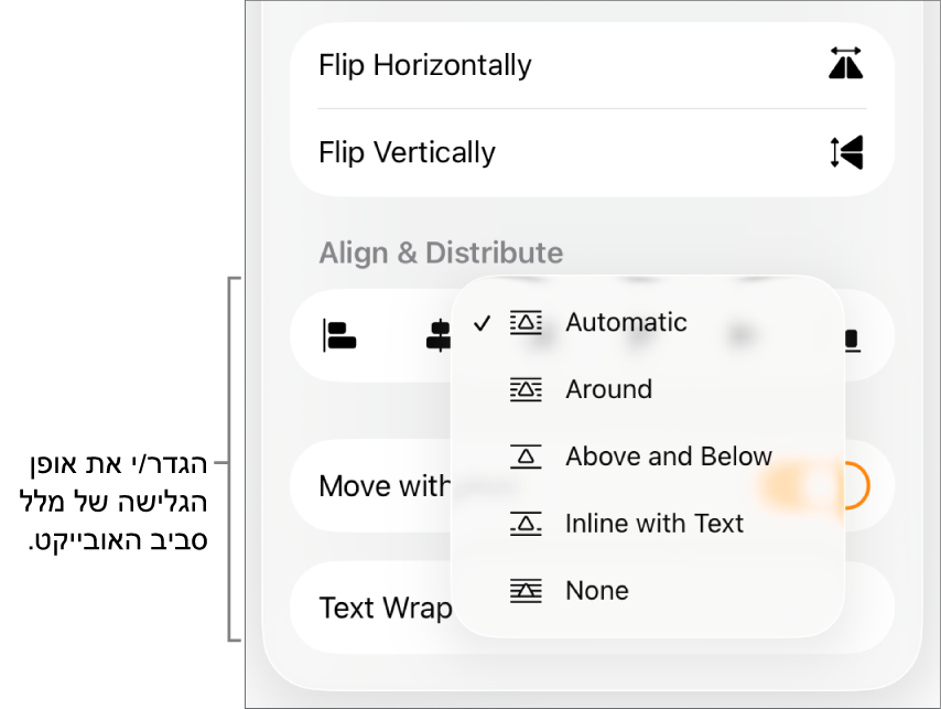 כלי הבקרה ״עיצוב״ כשהכרטיסייה ״ארגן״ נבחרה. מתחת לזה, נמצאים כלי הבקרה של ״גלישת מלל״ עם ״העבר אחורה/קדימה״, ״העבר עם המלל״ ו״גלישת מלל״.