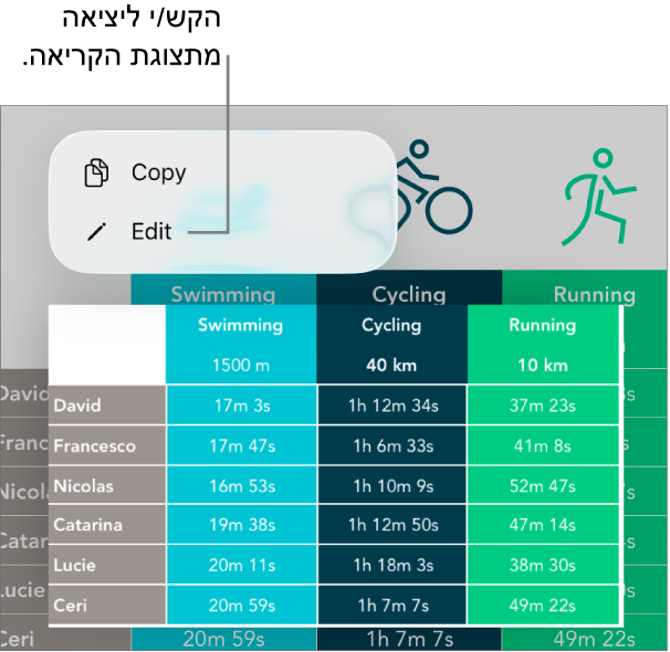 נבחר תא בטבלה, ומעליו מופיע תפריט עם הכפתורים ״העתק״ ו״עריכה״.