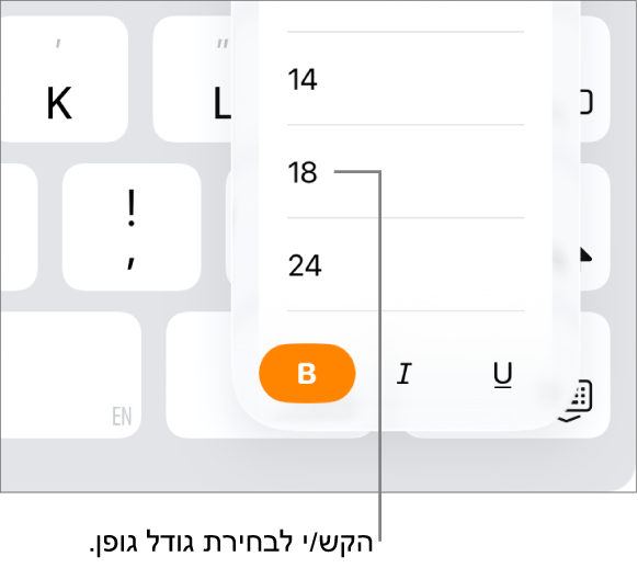 הכפתור ״גודל גופן״ מימין למקלדת ה‑iPad עם התפריט ״גודל גופן״ פתוח. גדלי הגופן התקניים על פי ממשלת סין מיינלנד יופיעו בראש התפריט. מתחת להם יוצגו הגדלים בנקודות.