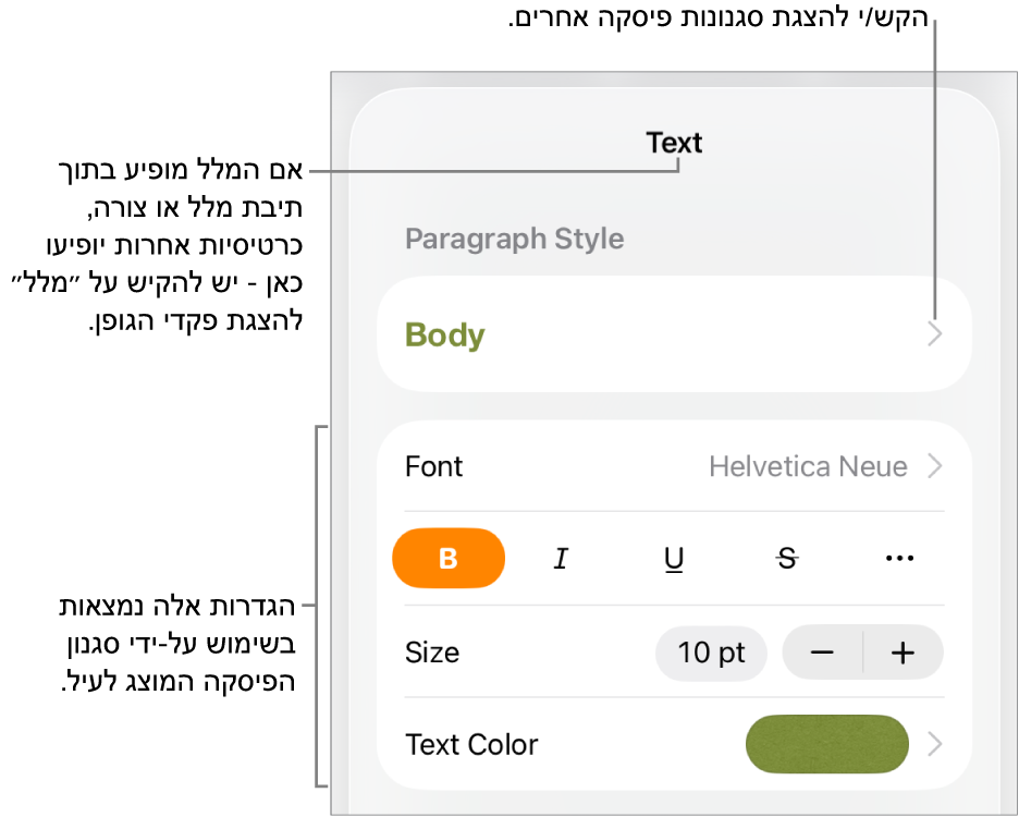 תפריט ״עיצוב״ עם כלי בקרה של מלל להגדרת סגנונות, גופן, גודל וצבע עבור פיסקאות ותווים.
