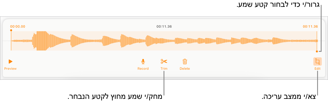כלי הבקרה לעריכת שמע שהוקלט. ידיות האחיזה מציינות את המקטע שנבחר מתוך ההקלטה, והכפתורים ״תצוגה מקדימה״, ״הקלט״, ״חתוך״, ״מחק״ ו״מצב עריכה״ נמצאים מתחת.