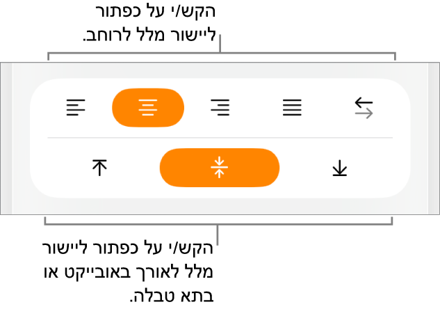 כפתורי יישור אופקי ואנכי עבור מלל.