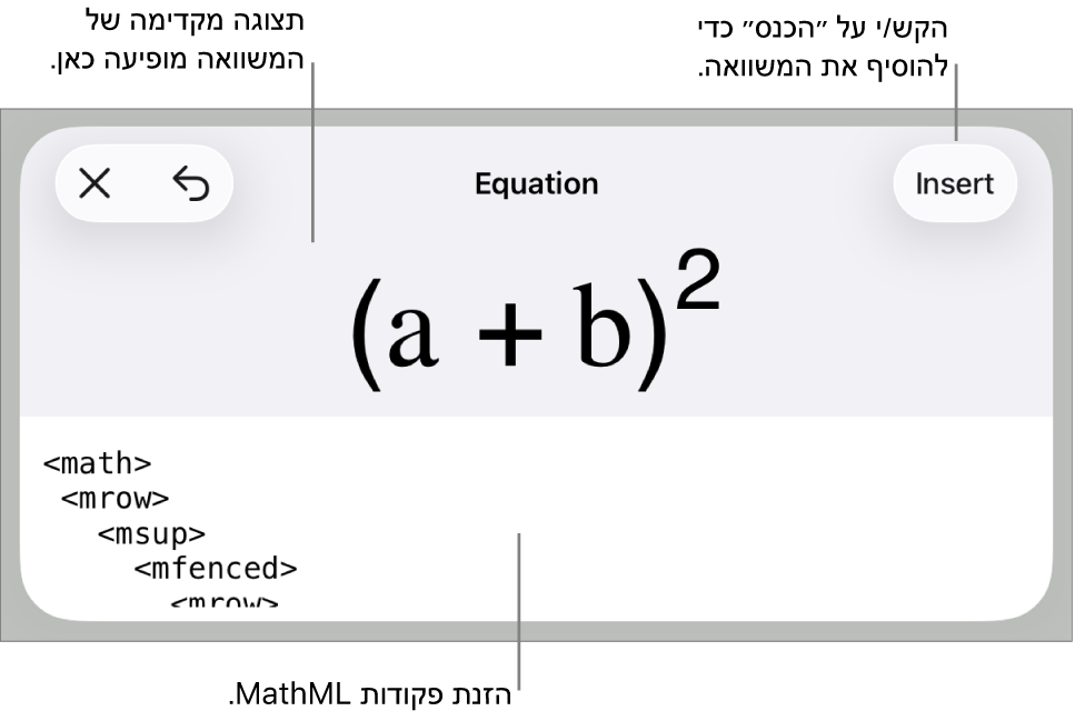 תיבת הדו‑שיח ״משוואה״, מציגה משוואה שכתובה באמצעות פקודות MathML, עם תצוגה מקדימה של הנוסחה למעלה.