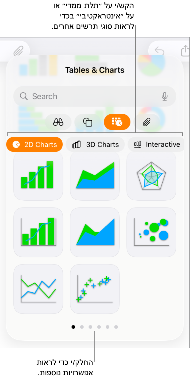 התפריט ״הוסף תרשים״ מציג תרשימים דו‑ממדיים.