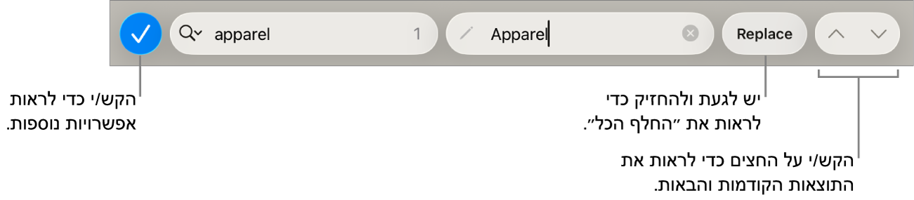 פקדי ״חפש והחלף״ מעל למקלדת עם הסברים לכפתורים ״אפשרויות חיפוש״, ״החלף״ ומעבר למעלה/מעבר למטה