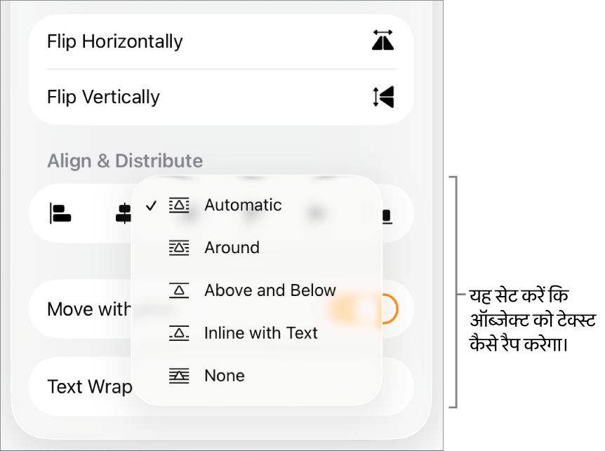 व्यवस्था करें टैब वाला फ़ॉर्मैट नियंत्रण। इसके नीचे “पीछे/आगे मूव करें”, “टेक्स्ट के साथ मूव करें” और “टेक्स्ट रैप” के साथ “टेक्स्ट रैप” नियंत्रण हैं।