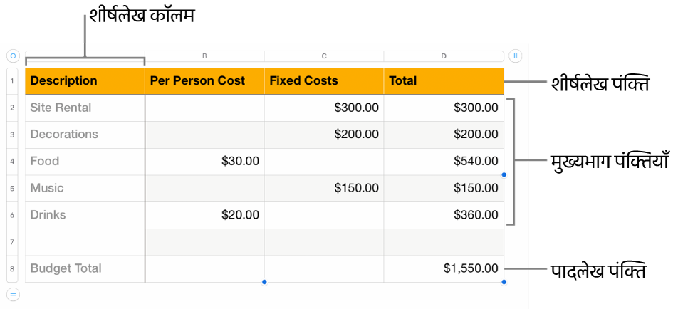 हेडर, मुख्य भाग और फ़ुटर पंक्तियों तथा कॉलम को दर्शाने वाला टेबल।