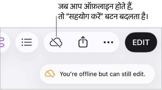 स्क्रीन पर एक अलर्ट कहता है, “आप ऑफ़लाइन हैं लेकिन अब भी संपादित कर सकते हैं।”