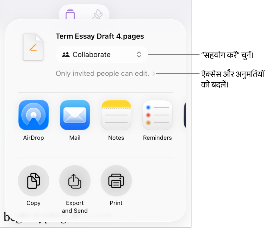 “शेयर करें” मेनू और शीर्ष पर “सहयोग करें” तथा नीचे ऐक्सेस और अनुमतियाँ चुनी हुई हैं।