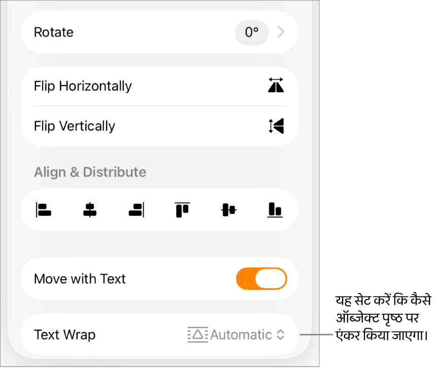 चयनित व्यवस्थित करें टैब वाले फ़ॉर्मैट नियंत्रण और आगे/पीछे मूव करें, टेक्स्ट के साथ मूव करें और टेक्स्ट रैप के लिए नियंत्रण।