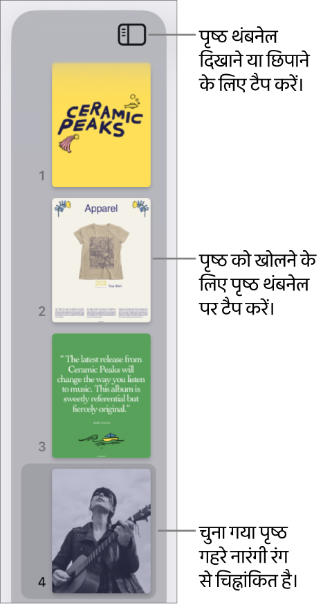 एक चुने गए पृष्ठ के साथ स्क्रीन के बाईं ओर पृष्ठ थंबनेल दृश्य। “दृश्य विकल्प” बटन थंबनेल के ऊपर होता है।