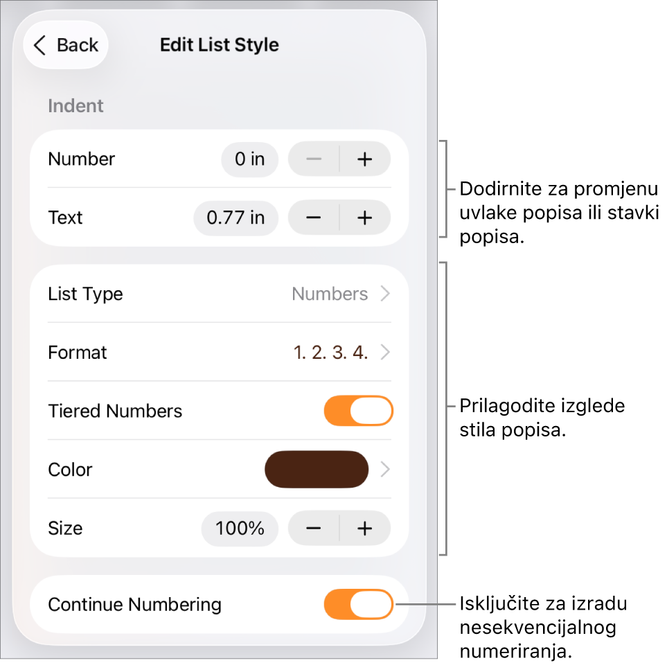 Uredite izbornik Stil popisa s kontrolama za uvučeni razmak, vrstu popisa i format, hijerarhiju brojeva, boju popisa i veličinu te nastavak numeriranja.