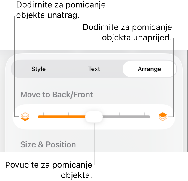 Tipka Premjesti natrag, tipka Premjesti naprijed, i kliznik za slojeve.