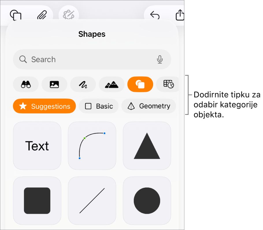 Kontrole za dodavanje objekta, s tipkama na vrhu za odabir tablica, grafikona, oblika (uključujući linije i tekstualne okvire) i medija.