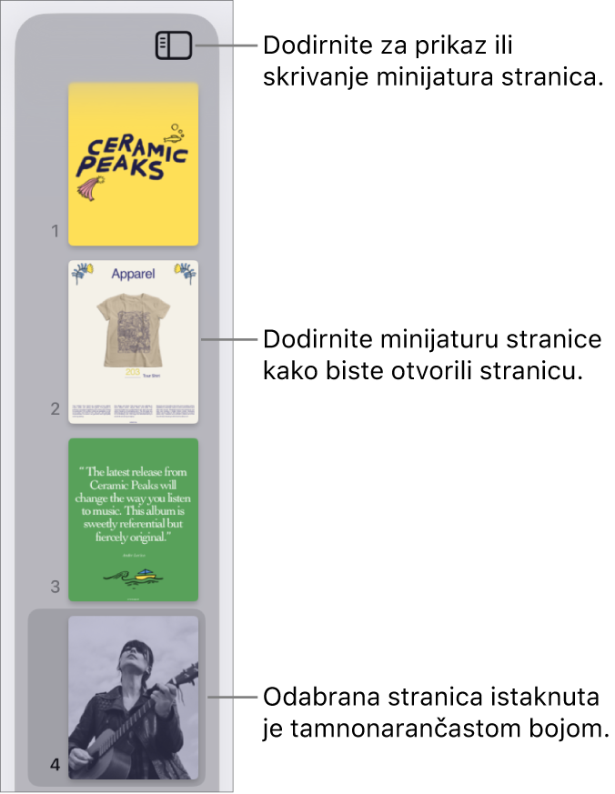 Prikaz minijatura stranica s lijeve strane zaslona s jednom odabranom stranicom. Tipka Opcije prikaza nalazi se iznad minijatura.