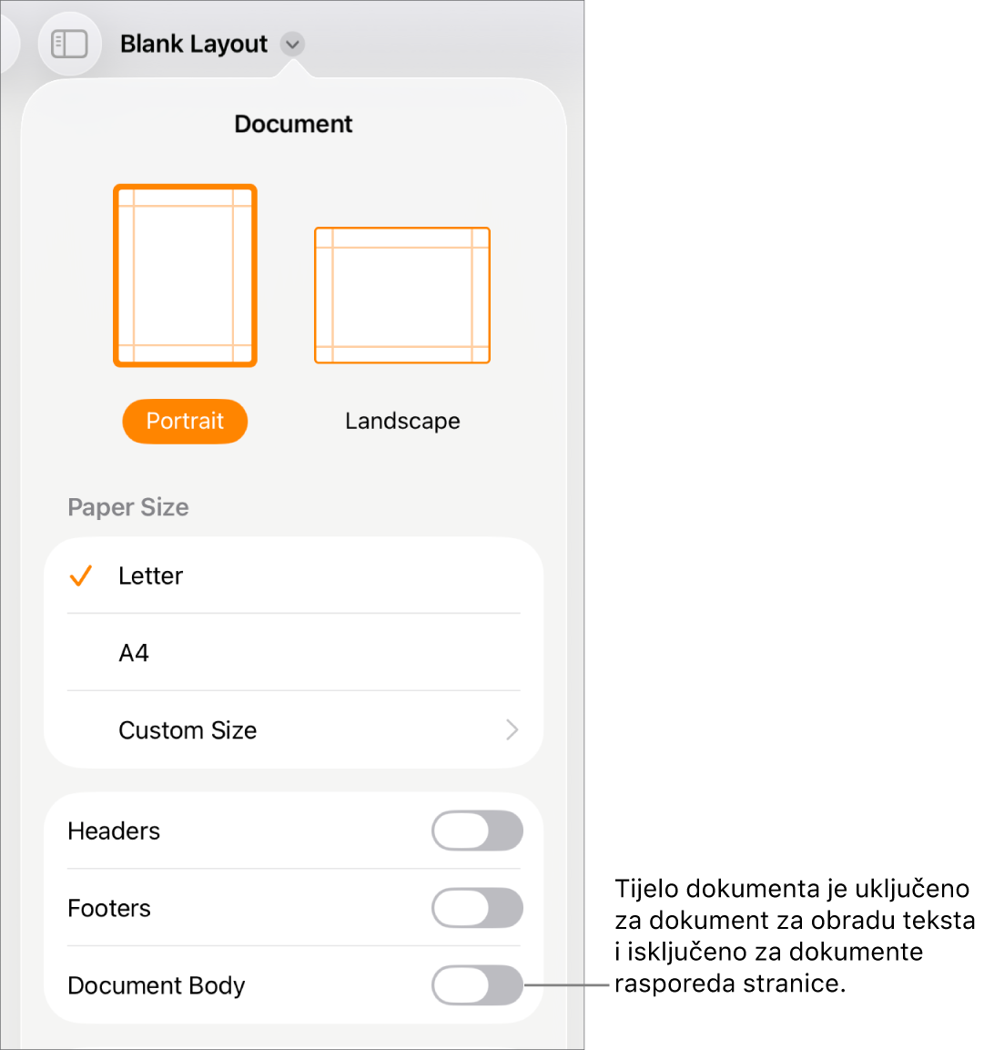 Kontrole formata Dokumenta s uključenim Tijelom dokumenta u blizini zaslona.