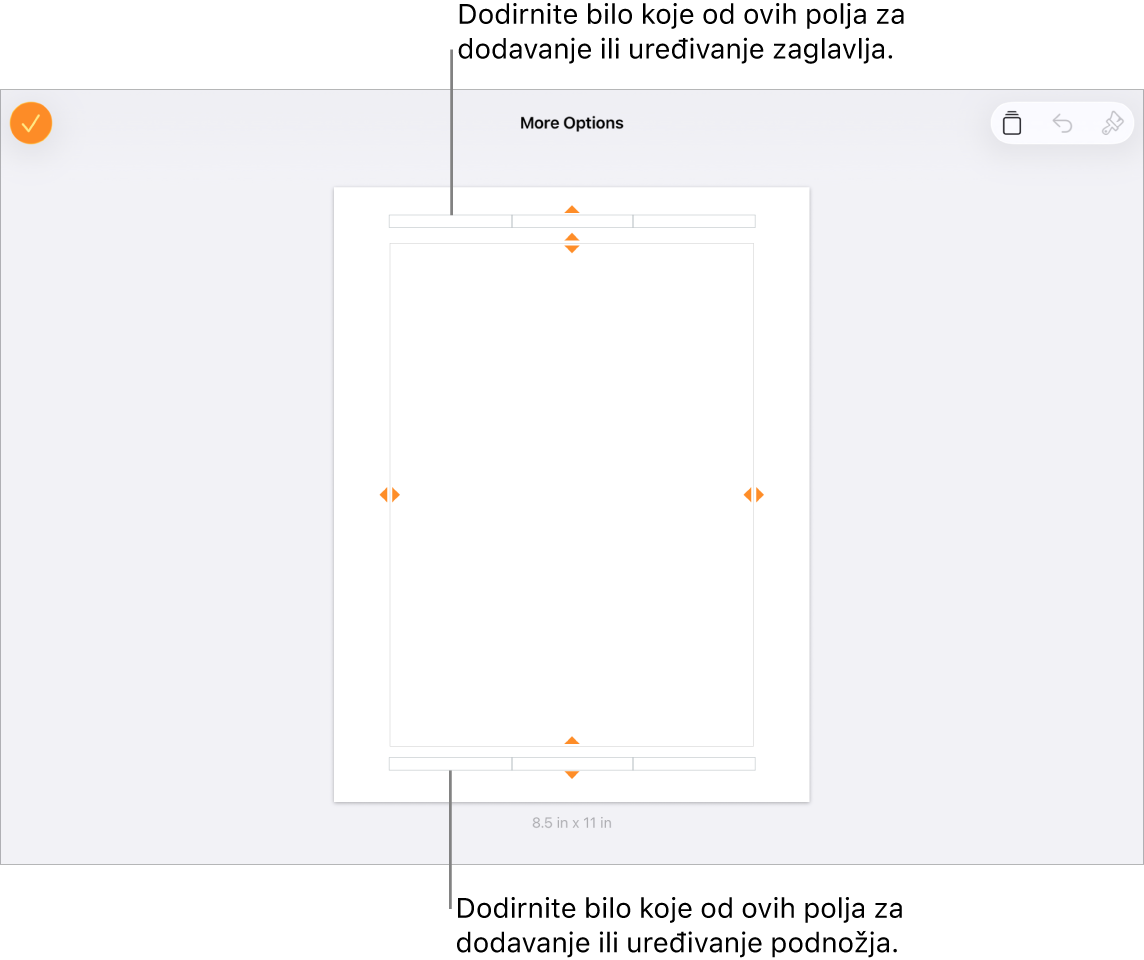 Prikaz Više opcija s tri polja pri vrhu dokumenta za zaglavlja i tri polja pri dnu za podnožja.