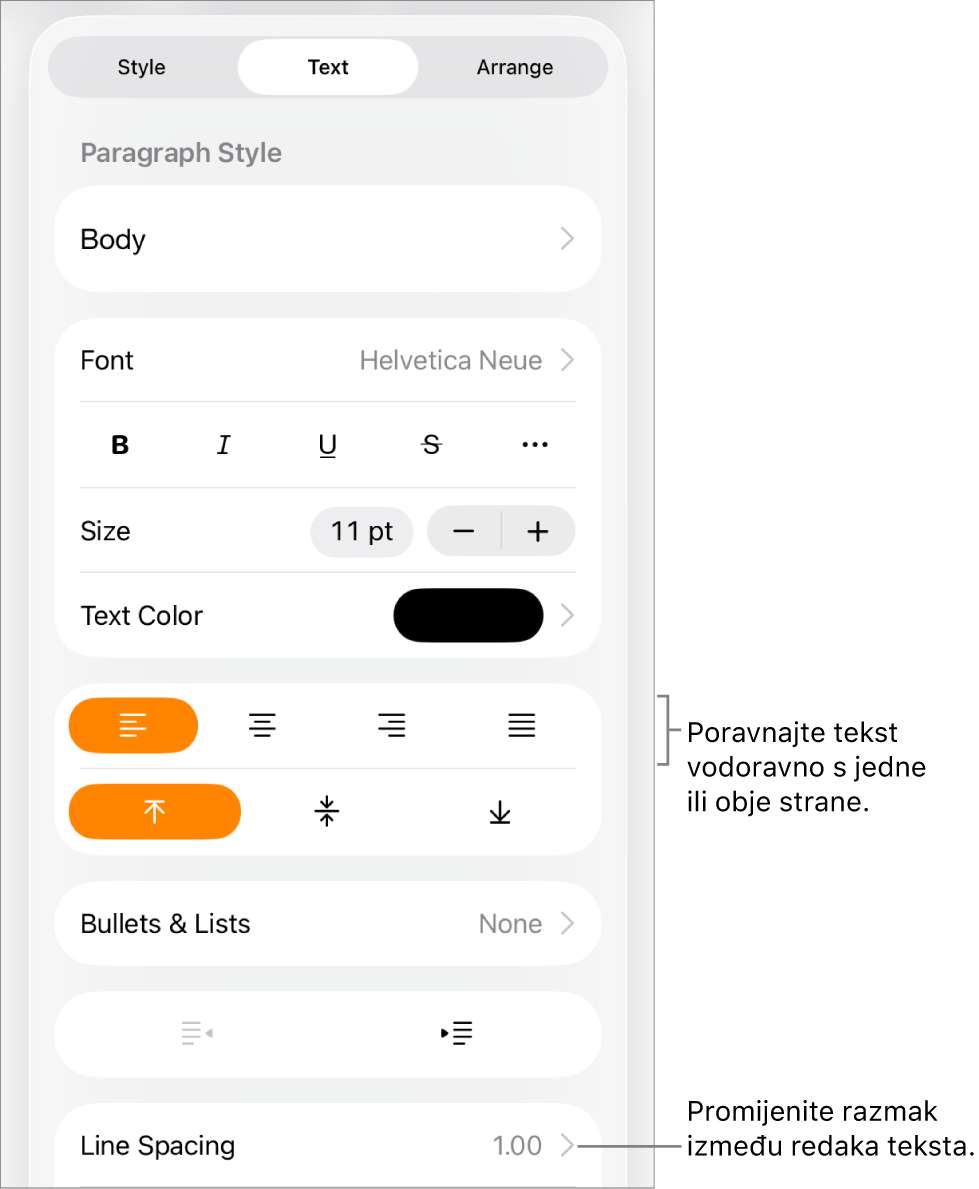 Tipka kontrola formatiranja s odabranom karticom Tekst i oblačićima na tipke poravnanja teksta te stavku izbornika Razmak između redaka.