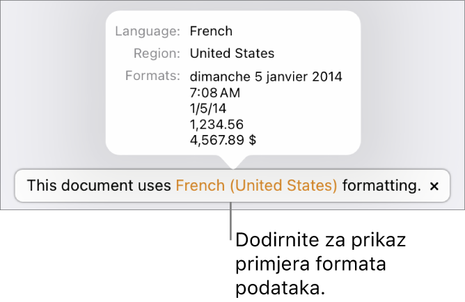 Obavijest o postavci drugog jezika i regije, pokazuje primjere formatiranja na tom jeziku i u toj regiji.