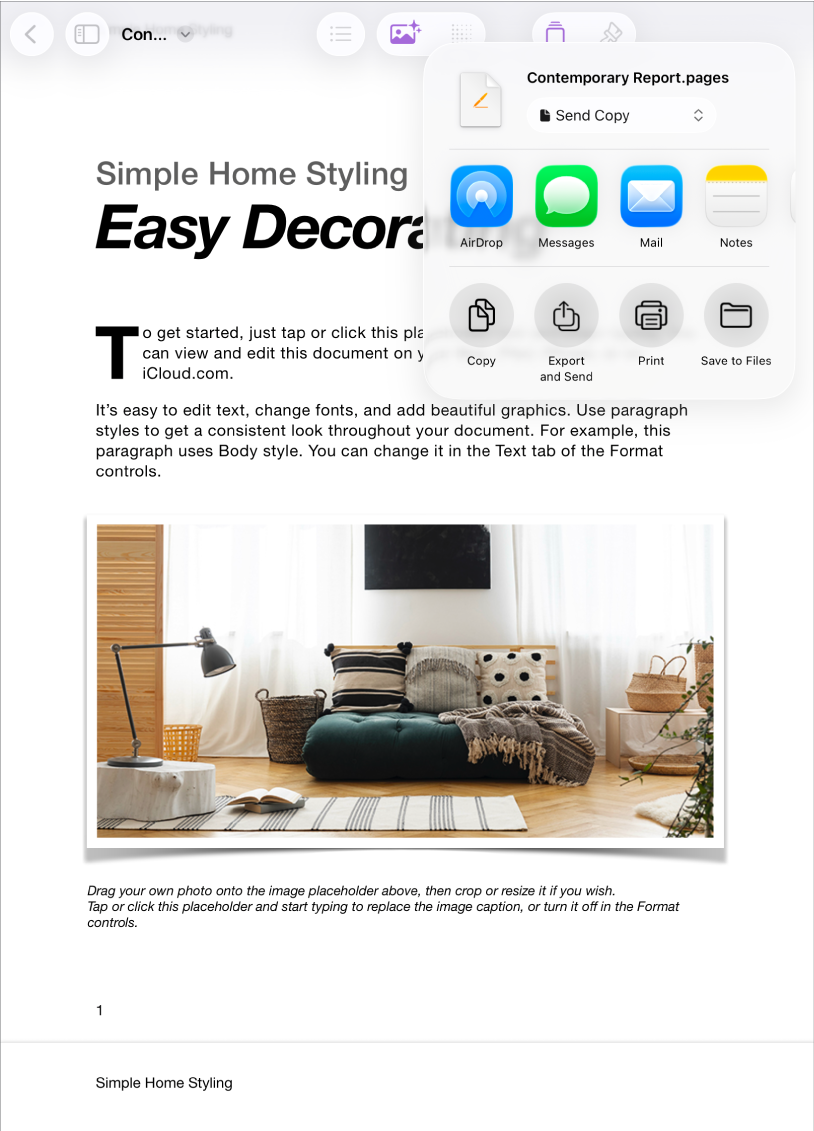 Egy megnyitott dokumentum a Megosztás vagy exportálás menü opcióival.