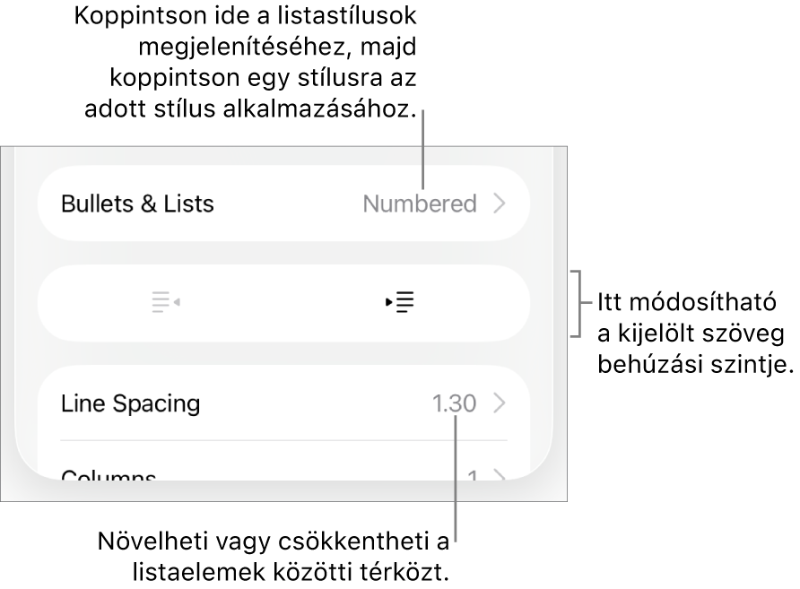 A Formátum vezérlők Felsorolások és listák része, a Felsorolásokat és a listákat, a kihúzás és a behúzás gombokat, valamint a sor térköz vezérlőket jelölő feliratokkal.