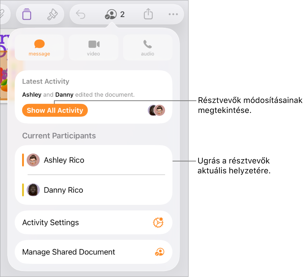 Az együttműködési menü a jelenlegi résztvevőkkel.