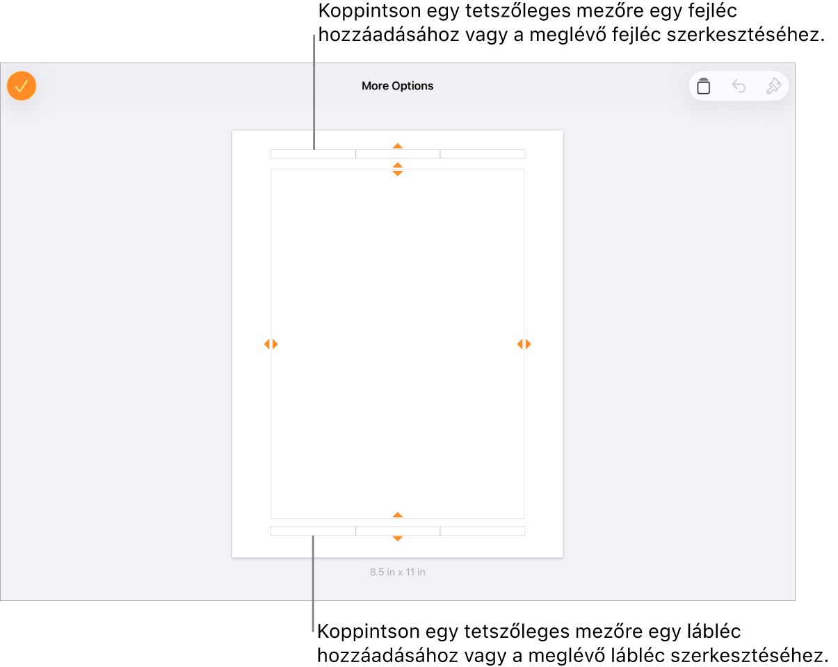 A További beállítások nézet három fejléc mezővel a lap tetején és három lábléc mezővel a lap alján.