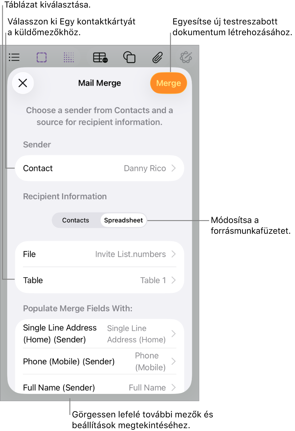 A megnyitott Körlevél panel a feladóinformációk kiválasztására, a forrásfájl vagy -táblázat módosítására, a körlevélmezőnevek előnézetére és a dokumentum egyesítésére szolgáló lehetőségekkel