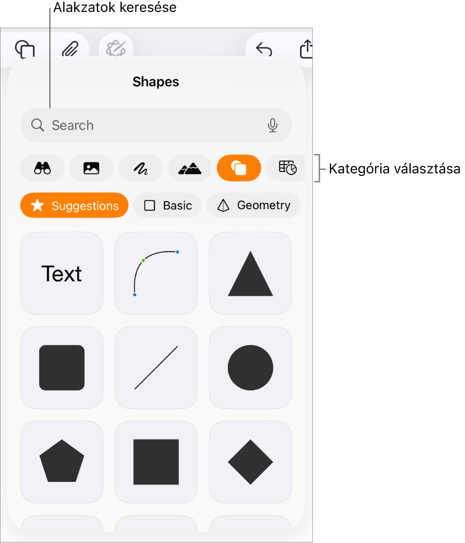 Az alakzatok könyvtára, amelynek tetején a kategóriák láthatók, alul pedig az alakzatok. A képernyő tetején lévő keresés mezőben alakzatokat kereshet, legyintéssel pedig további alakzatokat tekinthet meg.