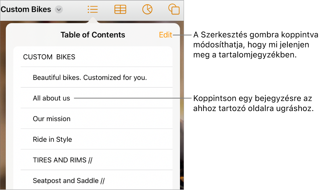 A tartalomjegyzék nézete a listába rendezett bejegyzésekkel. A Szerkesztés gomb a nézet jobb felső sarkában található.