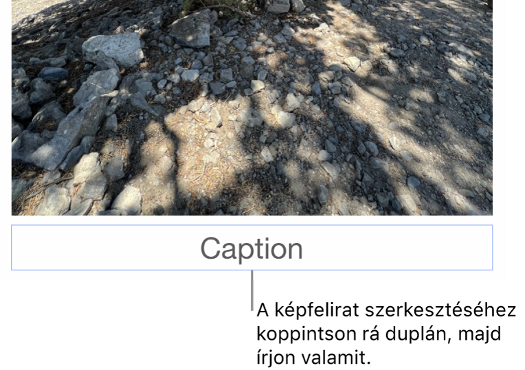 A helyőrző képfelirat „Képfelirat” egy fotó alatt látható, míg a képfelirat mező körül látható kék körvonal azt jelzi, hogy a mező ki van jelölve.