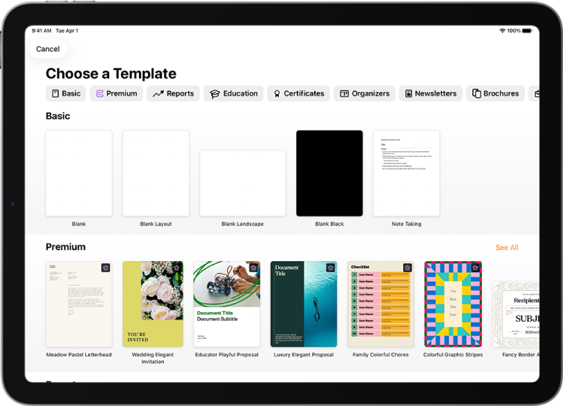 A sablonválasztó, a kategóriák sorával a felső részén, ahonnan a szűrési feltételek választhatók ki. Alatta a kategóriák alapján sorokba rendezett előre elkészített sablonok bélyegképei láthatók. Elsőként az Előzmények kategória látható, melyet az Egyszerű és a Jelentések kategória követ. Minden egyes sor jobb oldalán egy Összes megtekintése gomb látható.