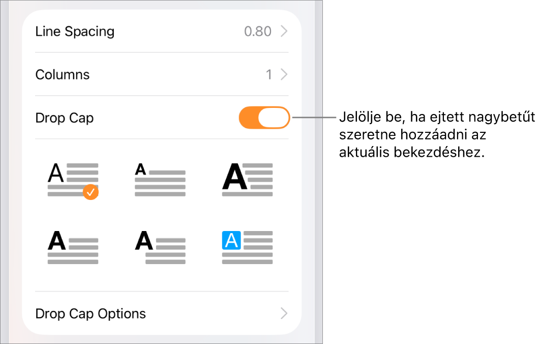 A Szöveg menüben található Iniciálé vezérlők.