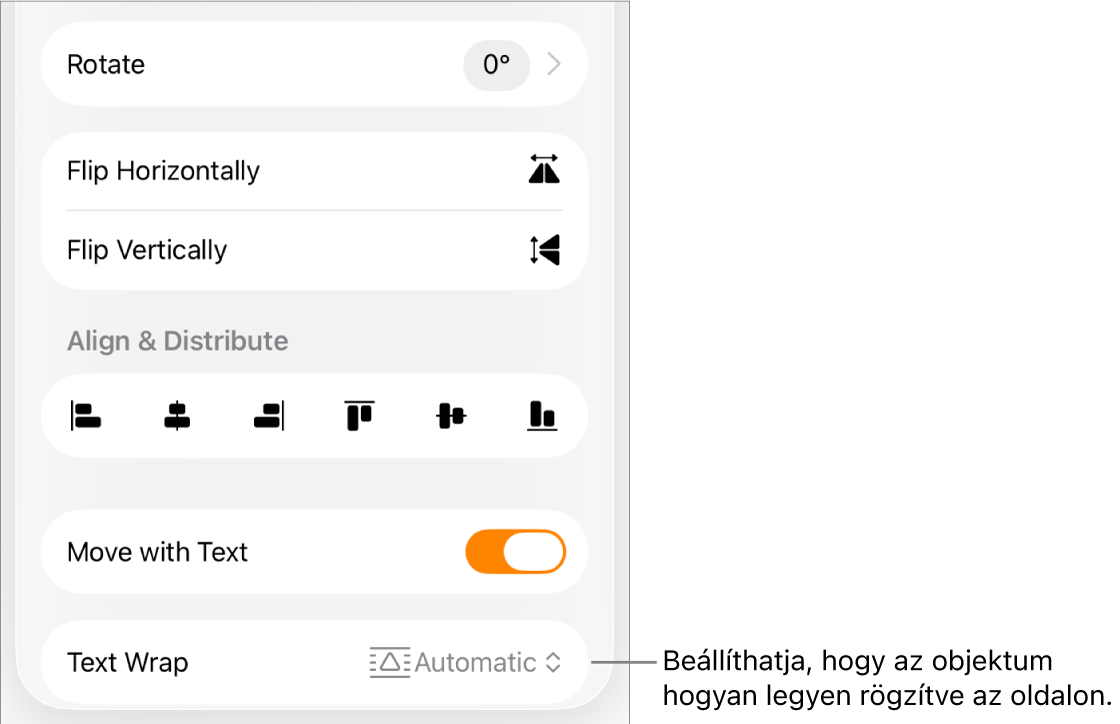 A formázásvezérlők a kijelölt Elrendezés lappal és a következőkkel: Mozgatás hátra/előre, Mozgatás szöveggel és Szöveg tördelése.