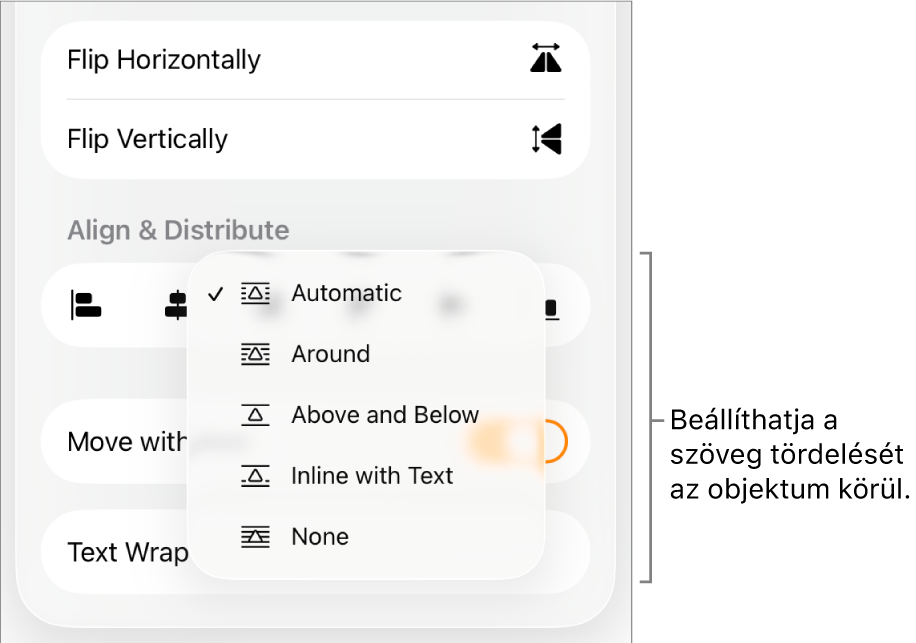 A formázásvezérlők a kijelölt Elrendezés lappal. Alatta a Szövegtördelés vezérlők láthatók a következőkkel: Mozgatás hátra/előre, Mozgatás szöveggel és Szöveg tördelése.