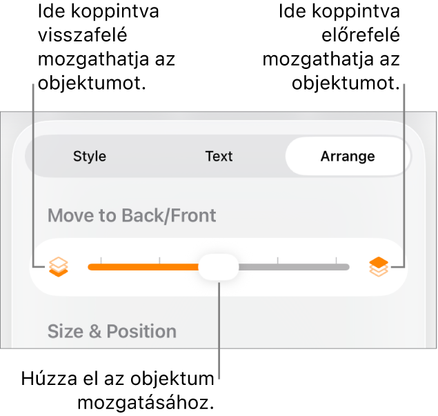 Visszafelé mozgatás gomb, Mozgatás előre gomb és a rétegezés csúszka.