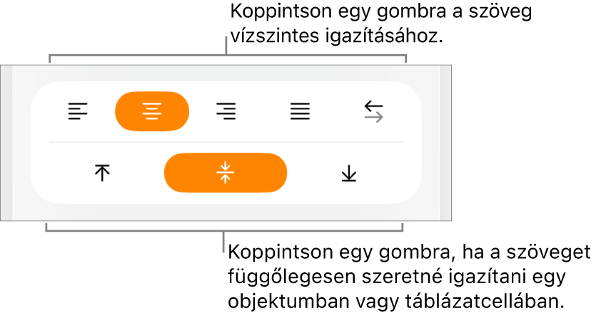 A szövegek vízszintes és függőleges igazítására szolgáló gombok.