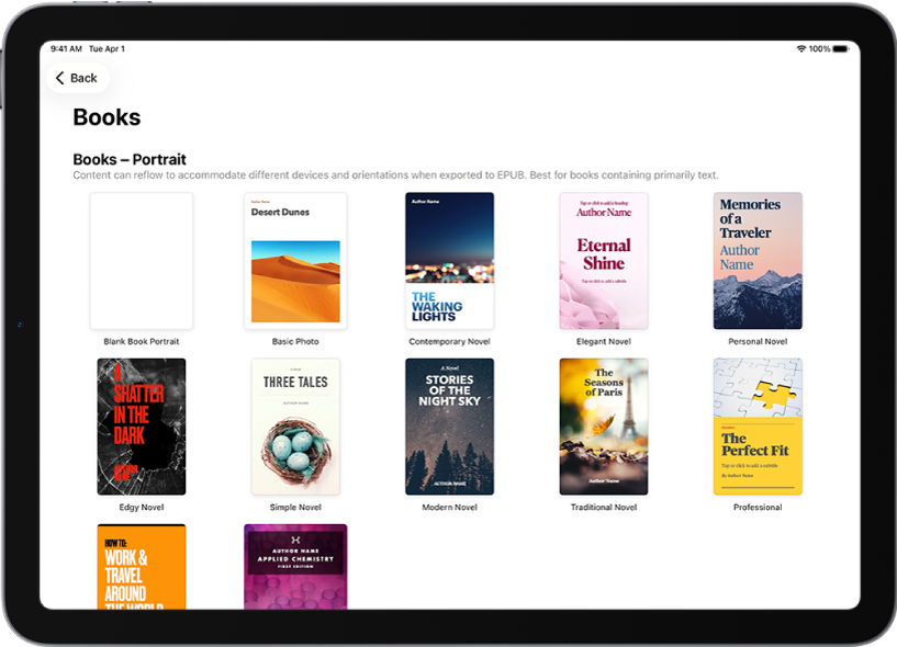 A sablonválasztó, az álló tájolású könyvsablonokkal fent, és a fekvő tájolású könyvsablonokkal lent.