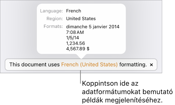 Értesítés az eltérő nyelvi és regionális beállításokról, és látható néhány példa az adott nyelvre és régióra jellemző formátumokra.