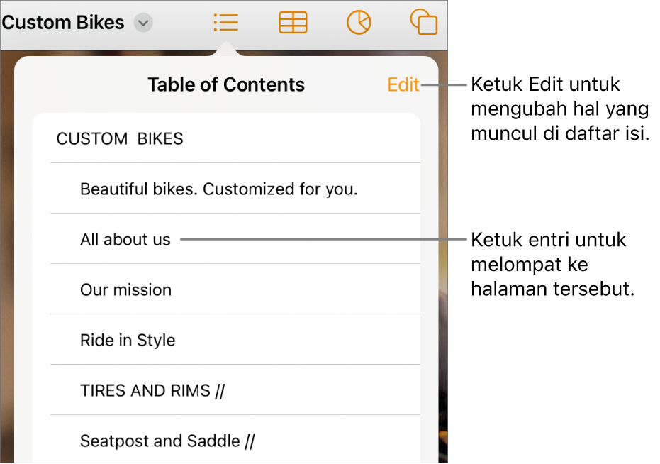 Tampilan daftar isi dengan entri di daftar. Tombol Edit terdapat di pojok kanan atas tampilan.