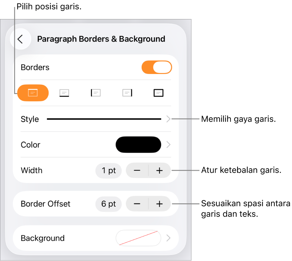 Kontrol untuk mengubah gaya, ketebalan, posisi, dan warna garis.