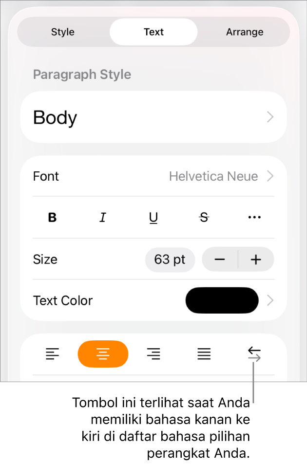 Kontrol teks di menu Format dengan keterangan yang menunjuk ke tombol Kanan ke Kiri.