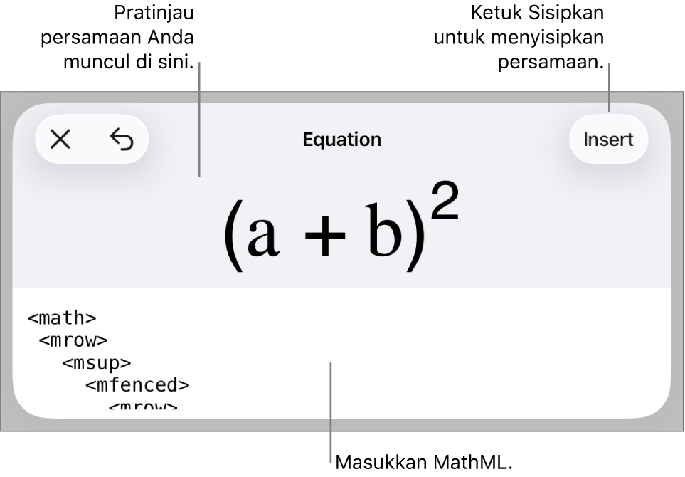 Dialog Persamaan, menampilkan sebuah persamaan ditulis menggunakan perintah MathML, dan pratinjau formula di atas.