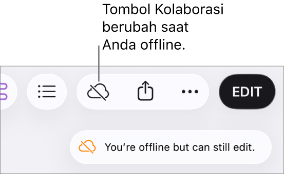 Peringatan di layar bertuliskan “Anda offline tapi masih dapat mengedit”.