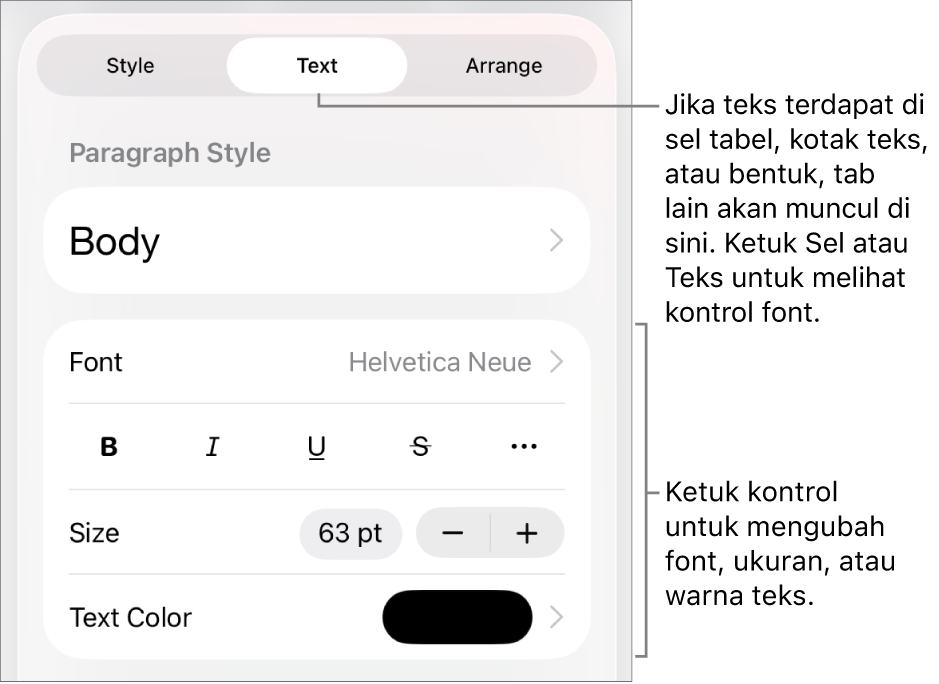 Kontrol teks di menu Format untuk mengatur paragraf dan gaya karakter, font, ukuran, dan warna.