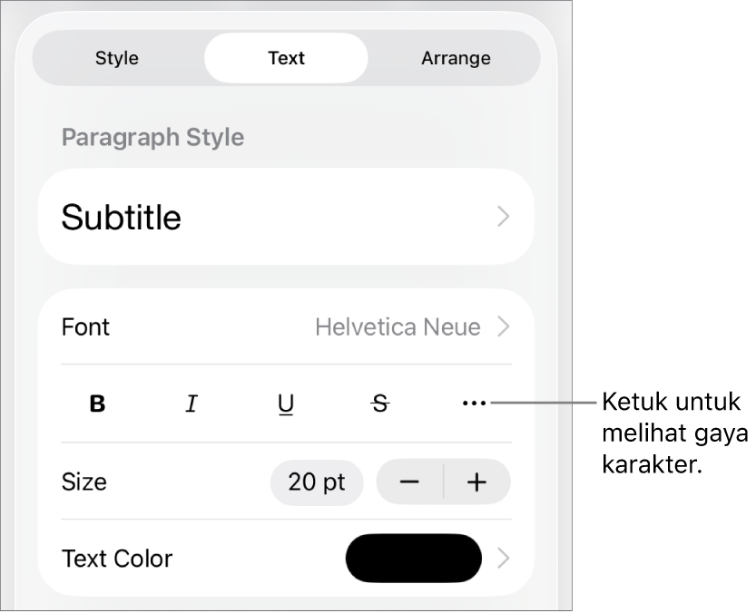 Kontrol Format dengan gaya paragraf di bagian atas, lalu kontrol Font. Di bawah Font terdapat tombol Tebal, Garis Bawah, Coret, dan Pilihan Teks Lainnya.
