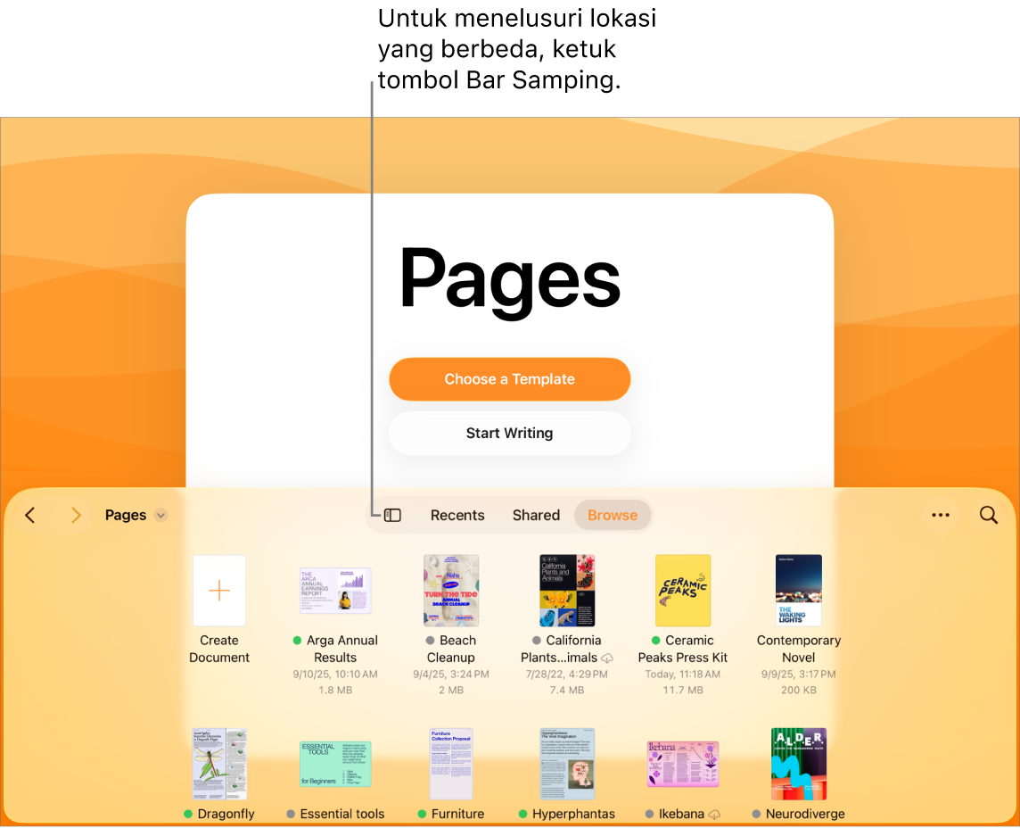 Tampilan telusuri pengelola dokumen dengan tombol Bar Samping di pojok kiri atas. Di kanan atas terdapat tombol Tambah, tombol Folder Baru, tombol Ikon (untuk mengurutkan menurut nama, tanggal, ukuran, atau label), tombol Pilih, dan tombol Cari. Di bawah ini terdapat gambar mini dari dokumen yang ada.